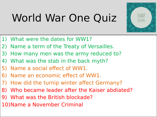 GCSE Nazi Germany Knowledge Organiser Quiz  (WW1)