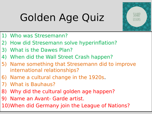GCSE Nazi Germany Knowledge Organiser Quiz (Golden Age)