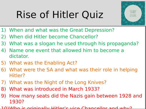 GCSE Nazi Germany Knowledge Organiser Quiz  (Rise of Hitler)