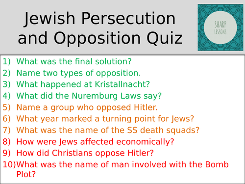 GCSE Nazi Germany Knowledge Organiser Quiz (Jews and Opposition)
