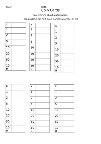 Big Maths Coin Card blank worksheet