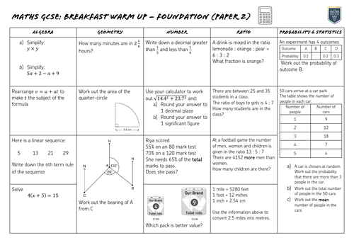 2019 AQA GCSE Maths Exam Breakfast Revision Sheets - Paper 2