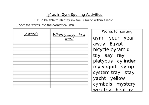 spelling activity y (as in gym)