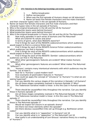 175 Questions for revision- EDUQAS A level C2 Television Humans & The Returned