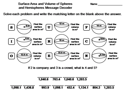 Volume and Surface Area of Spheres & Hemispheres Activity: Math Message Decoder