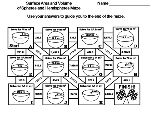 Volume and Surface Area of Spheres and Hemispheres Activity: Math Maze
