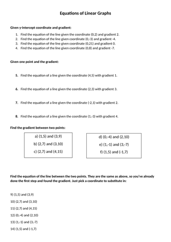 Linear Graphs: gradients and forming equations from coordinates (W.Answers)