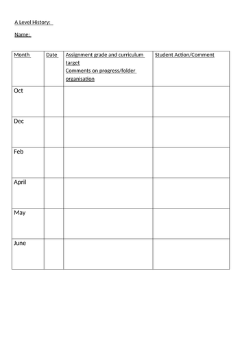Folder check sheet for |A Level - allows tracking of resources for post 16 students