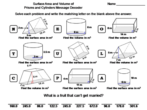 Volume and Surface Area of Prisms and Cylinders Activity: Math Message Decoder