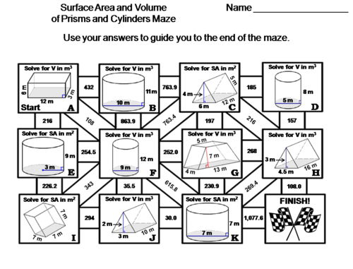 Volume and Surface Area of Prisms and Cylinders Activity: Math Maze