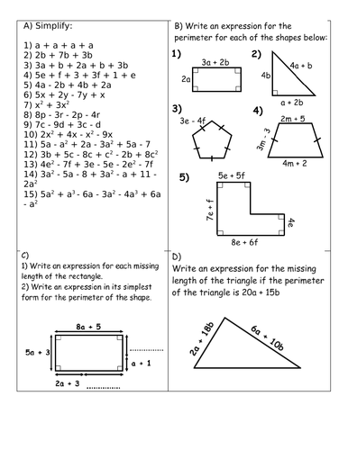 Collecting like terms, multiplying terms, expanding single brackets and double brackets worksheet