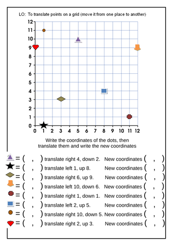 Translate shapes and describe the new position using coordinates - worksheets & challenges - Y5 & Y6