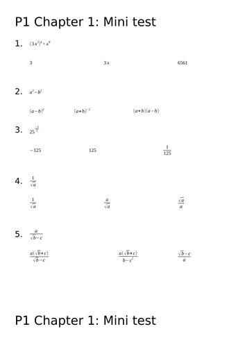 Mini tests for Edexcel Pure 1 and Pure 2