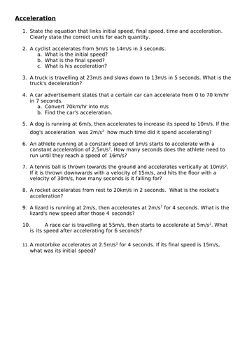 Acceleration worksheet with answers image