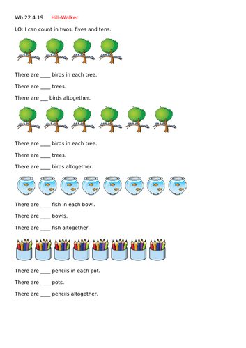 Year 1 Counting in 2s, 5s, 10s differentiated worksheets WHITE ROSE