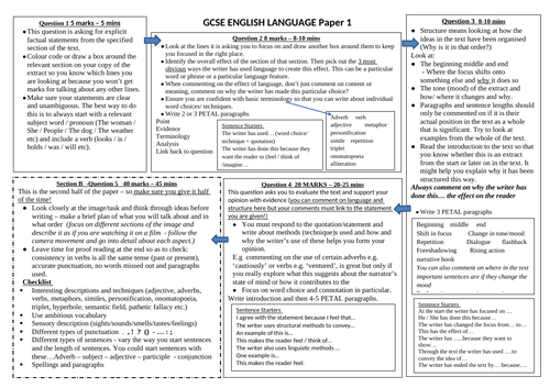 English Language Paper 1 Question guideline overview sheet