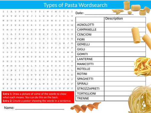 Types of Pasta #2 Wordsearch Sheet Starter Activity Keywords Cover Homework Food Technology