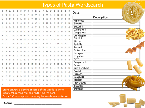 2 x Types of Pasta Wordsearch Sheet Starter Activity Keywords Cover Homework Food Technology