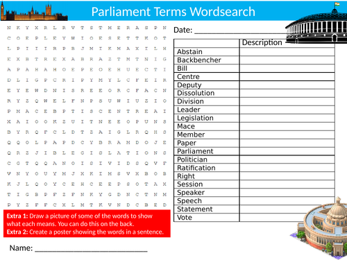 Parliament Terms Wordsearch Sheet Starter Activity Keywords Cover Homework Government Politics