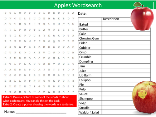 2 x Apples Wordsearch Sheet Starter Activity Keywords Cover Homework Food Technology