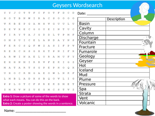 Geysers Wordsearch Sheet Starter Activity Keywords Cover Homework Geography