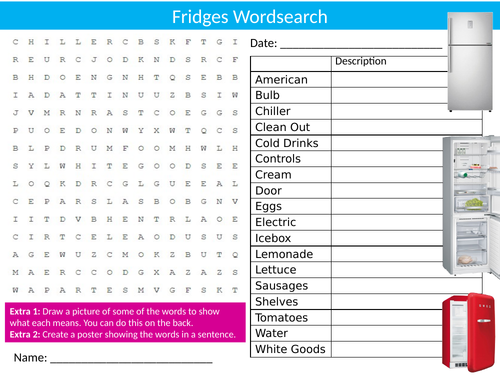 Fridges Wordsearch Sheet Starter Activity Keywords Cover Homework Food Technology