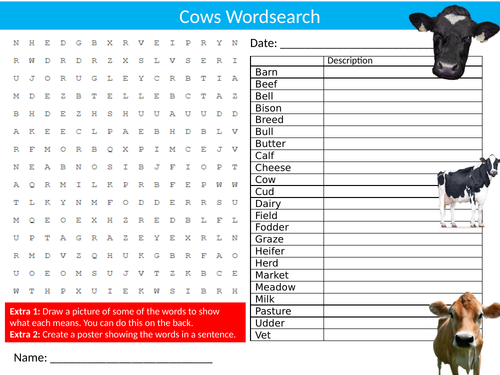 Cows Wordsearch Sheet Starter Activity Keywords Cover Homework Animals Farming Nature