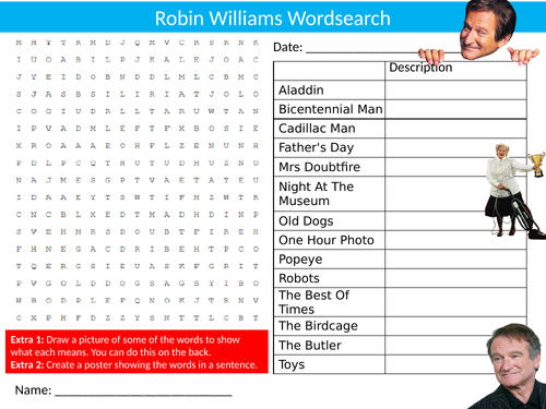 Robin Williams Wordsearch Sheet Starter Activity Keywords Cover Homework Celebrity Famous People