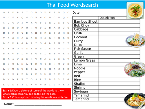 Thai Food Wordsearch Sheet Starter Activity Keywords Cover Homework Thailand Geography Technology