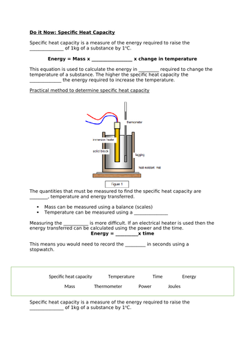 GCSE physics Specific heat capacity recap sheet