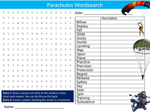 Parachutes Wordsearch Sheet Starter Activity Keywords Cover Homework Skydiving Sports