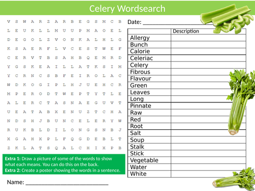 Celery Wordsearch Sheet Starter Activity Keywords Cover Homework Food Technology Healthy Eating