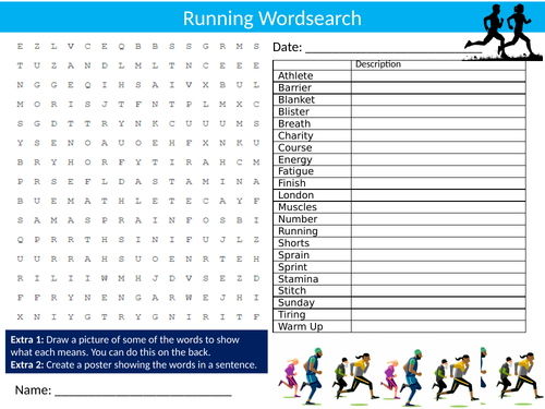 2 x Running Wordsearch Sheet Starter Activity Keywords Cover Homework Fitness PE Sports