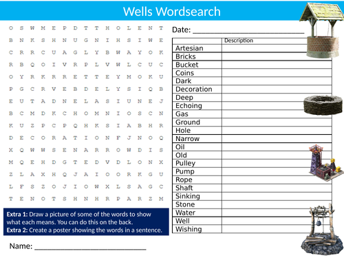 Wells Wordsearch Sheet Starter Activity Keywords Cover Homework Water Geography