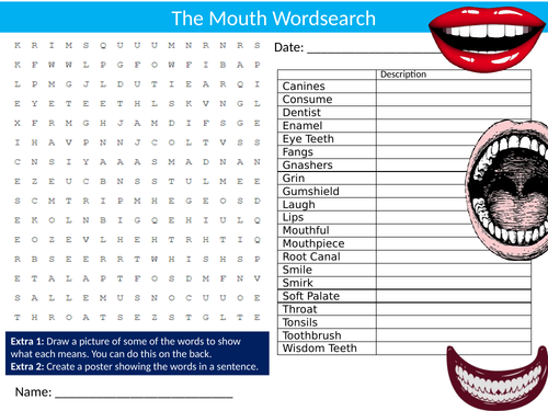 The Mouth Wordsearch Sheet Starter Activity Keywords Cover Homework Biology Anatomy Dentists