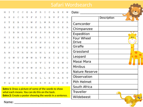 2 x Safari Wordsearch Sheet Starter Activity Keywords Cover Homework Geography Holidays Animals