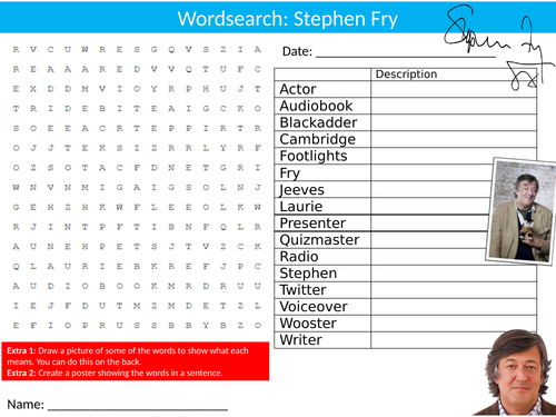 Stephen Fry Wordsearch Sheet Starter Activity Keywords Cover Homework Actor Celebrity Drama
