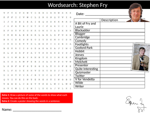 2 x Stephen Fry Wordsearch Sheet Starter Activity Keywords Cover Homework Actor Drama Celebrity