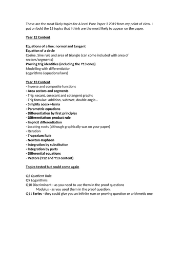 Prediction Paper Style Pure 2 Edexcel 2019