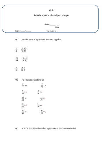 Fractions, decimals, percentages