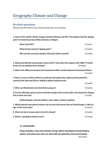 Geography Climate and Change Revision questions - Class and Homework