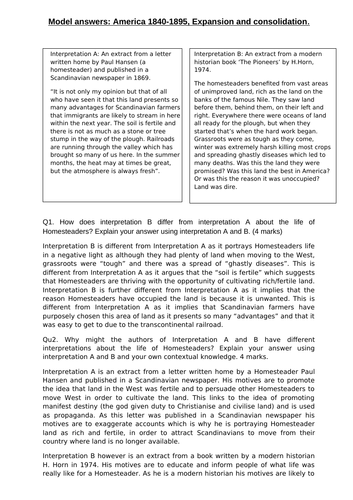 America 1840-1895 AQA Model answers for all questions.