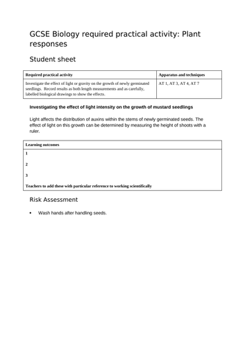 AQA GCSE REQUIRED PRACTICAL PLANT RESPONSES