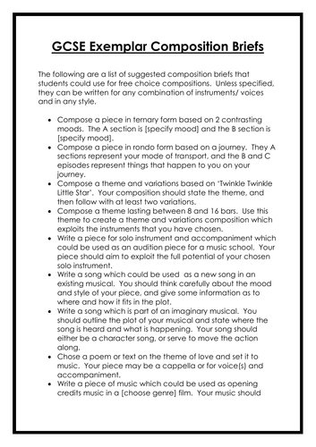 GCSE Music Exemplar Composition Briefs