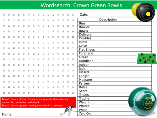 Crown Green Bowling Wordsearch Sheet Starter Activity Keywords Cover Homework PE Sports Studies