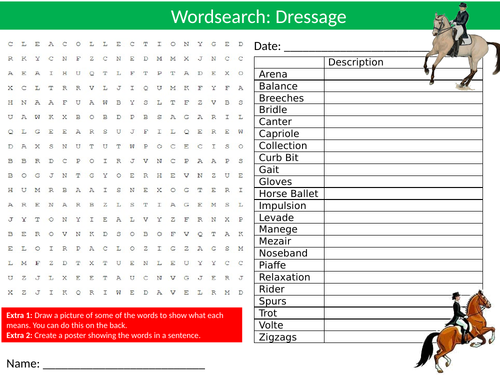Dressage Wordsearch Sheet Starter Activity Keywords Cover Homework Horses PE Sports Studies