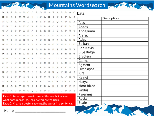 Mountains Wordsearch Sheet Starter Activity Keywords Cover Homework Geography