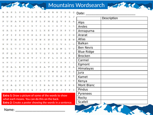 5 x Mountains and Mountaineering Wordsearch Sheet Starter Activity Keywords Cover Homework Geography