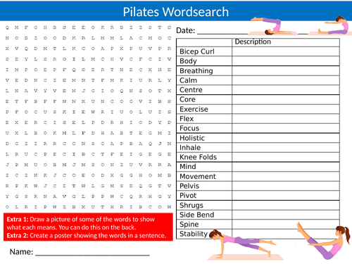 Pilates Wordsearch Sheet Starter Activity Keywords Cover Homework PE Fitness Sports Studies