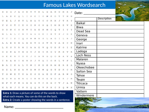 Famous Lakes Wordsearch Sheet Starter Activity Keywords Cover Homework Geography Nature
